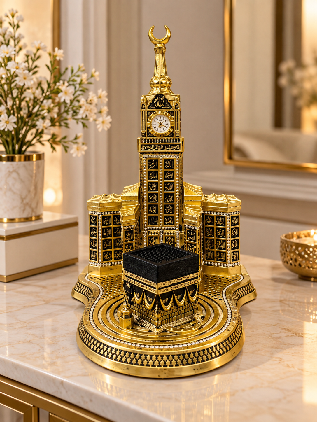 Premium Makkah Kaaba & Masjid Al-Haram Decorative Clock Showpiece – Gold & Black Islamic Decor