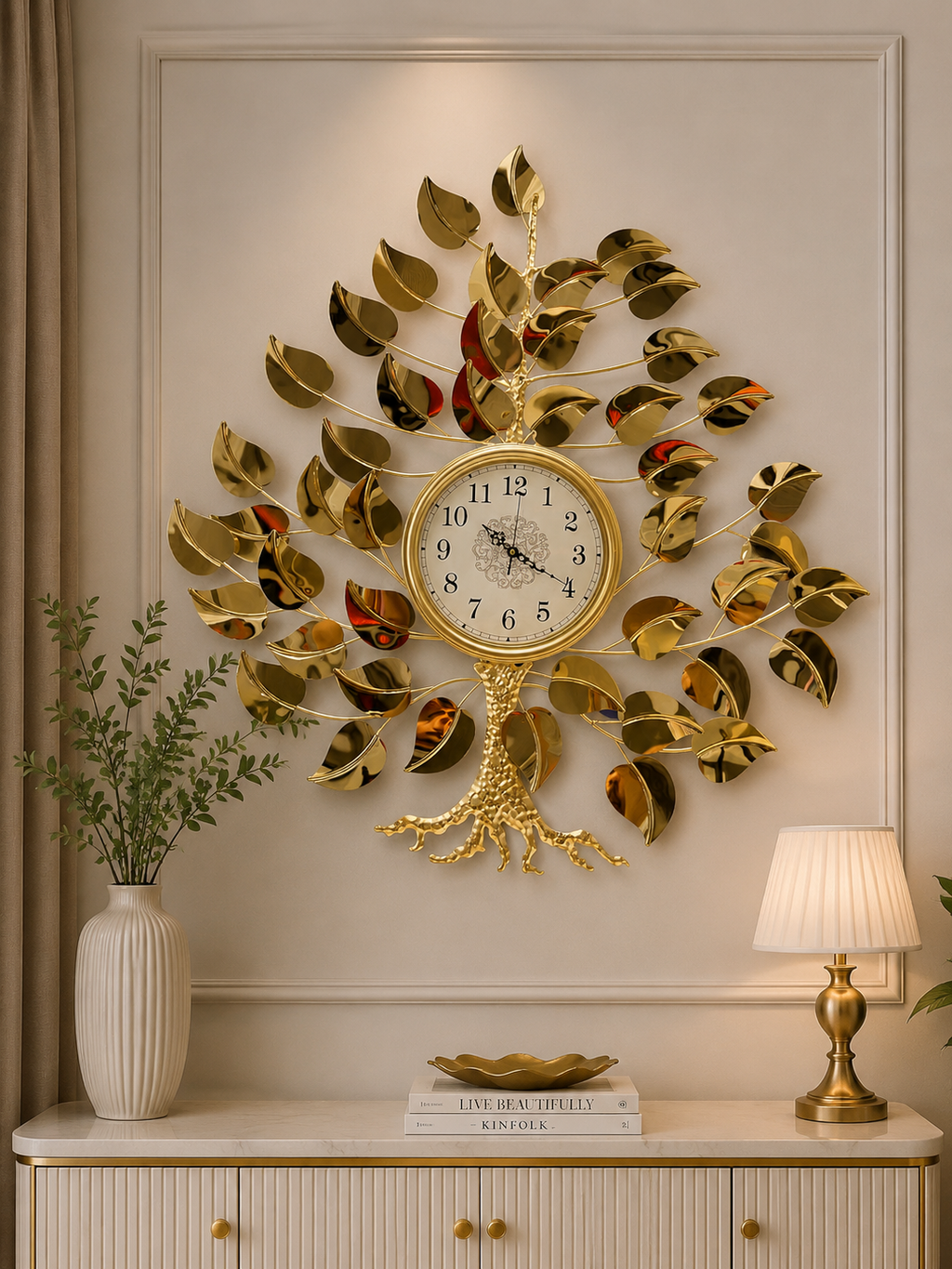Luxury Golden Tree of Life Wall Clock – Elegant Leaf Branch Design