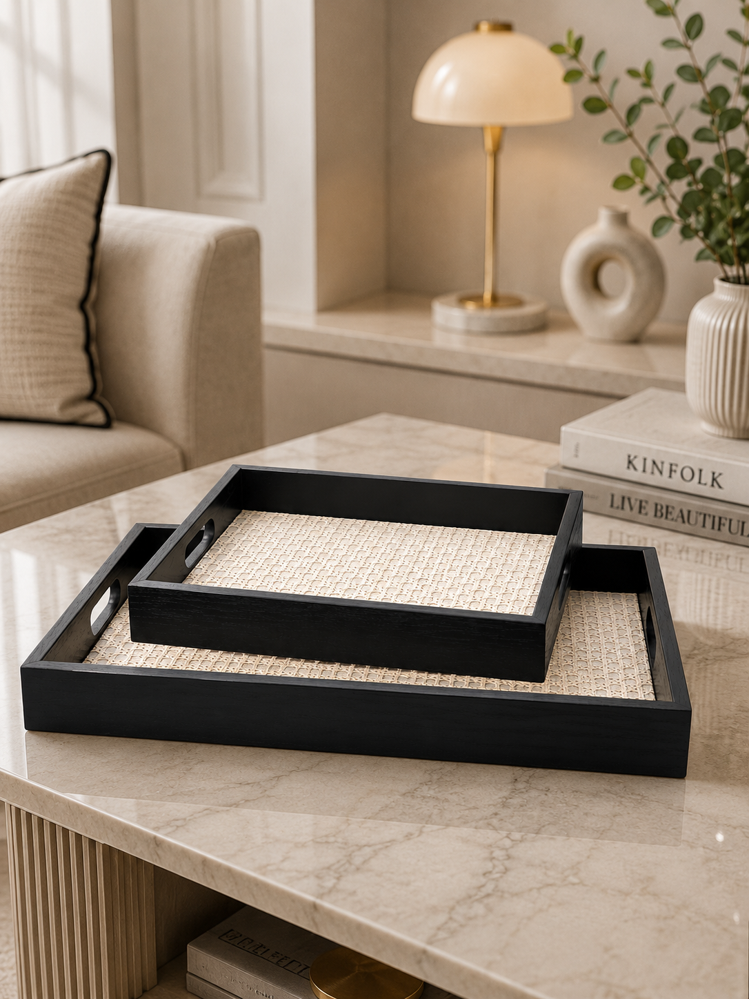 Set of 2 Black Wooden Serving Trays with Woven Rattan Base | Decorative & Serving Tray Set