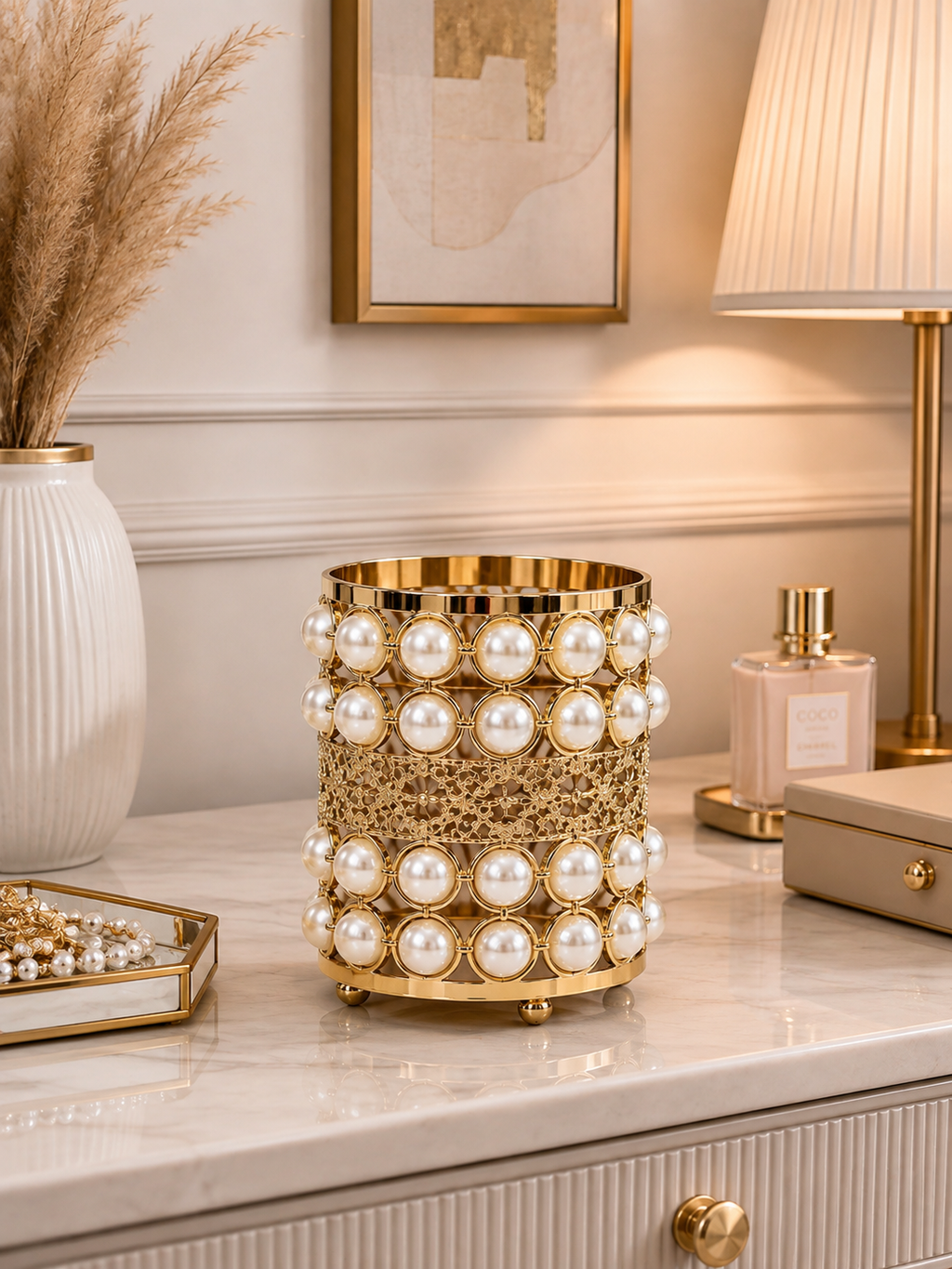 Luxury Pearl & Gold Makeup Brush Holder – Elegant Vanity Organizer
