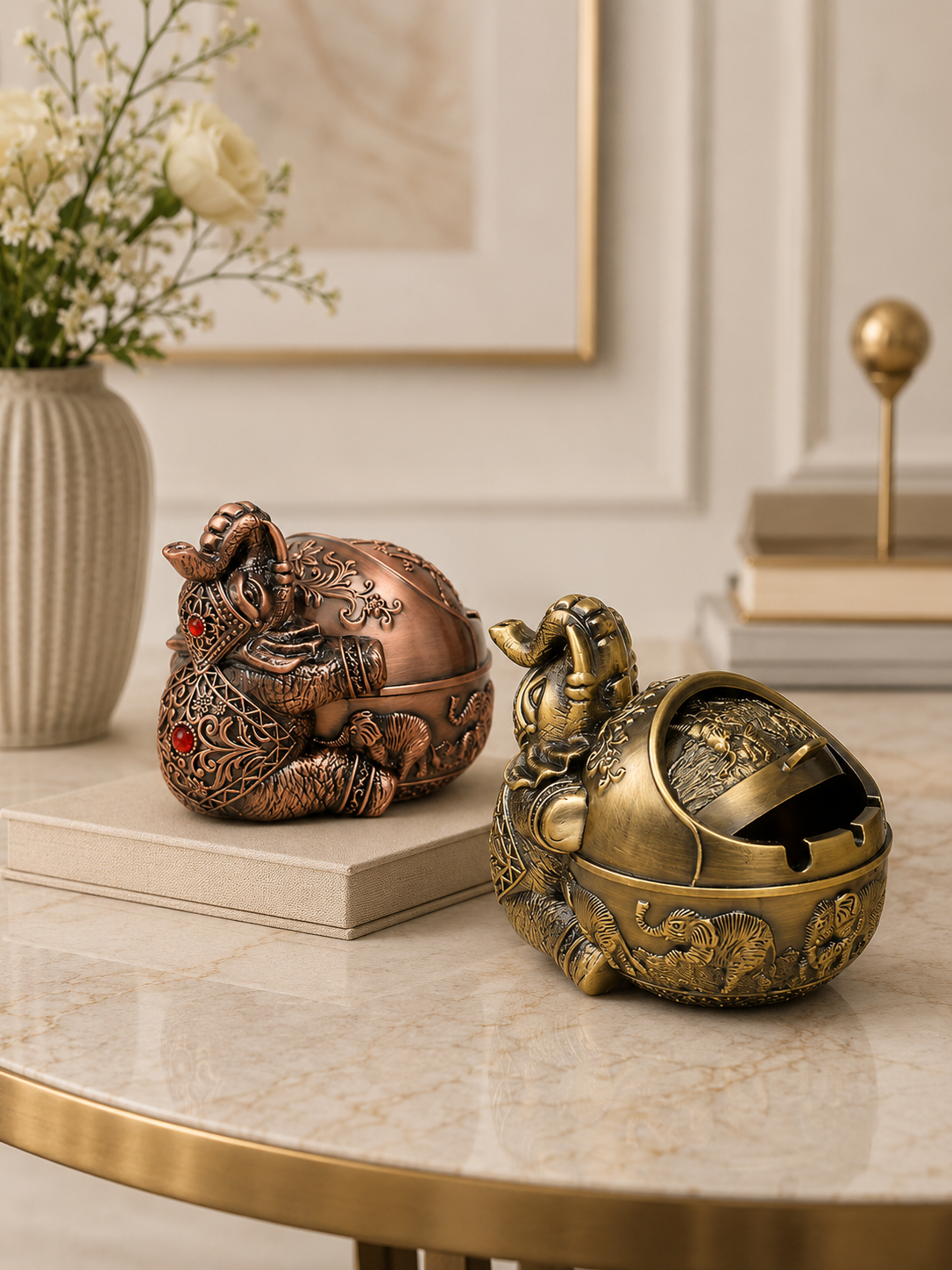 Luxury Elephant Metal Ashtray with Windproof Lid | Decorative Vintage Cigarette Ashtray | Premium Home & Office Décor