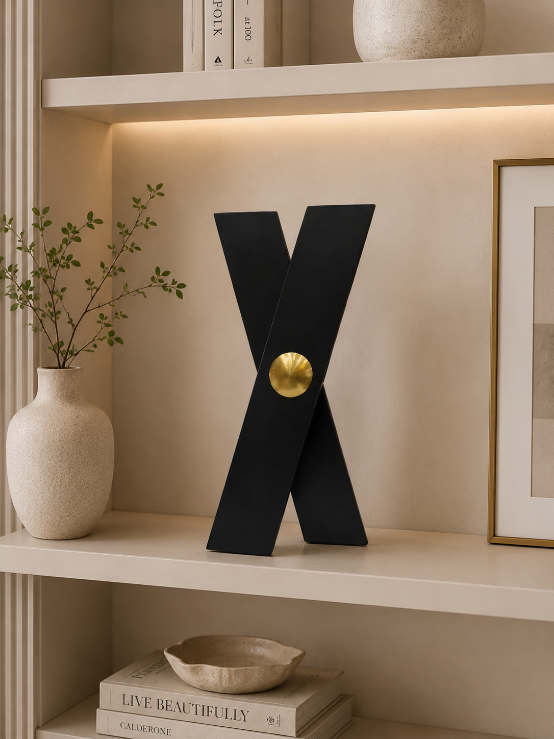 Modern X-Shaped Decorative Sculpture | Black & Gold Metal Table Accent | Luxury Contemporary Home Décor