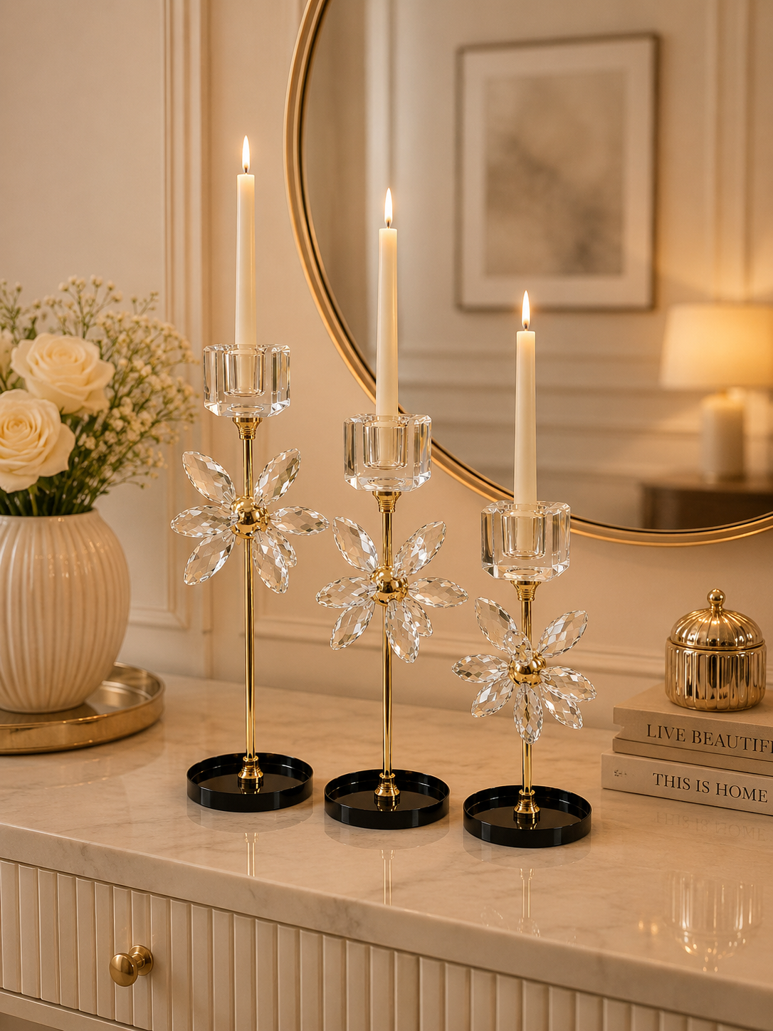 Luxury Crystal Flower Taper Candle Holder Set of 3 – Gold Metal Candle Stand with Crystal Glass Cups