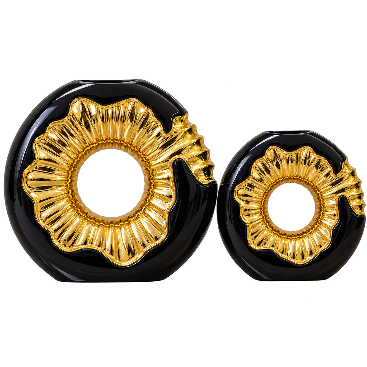 Luxury Black & Gold Round Decorative Vase Set – 2 Pieces