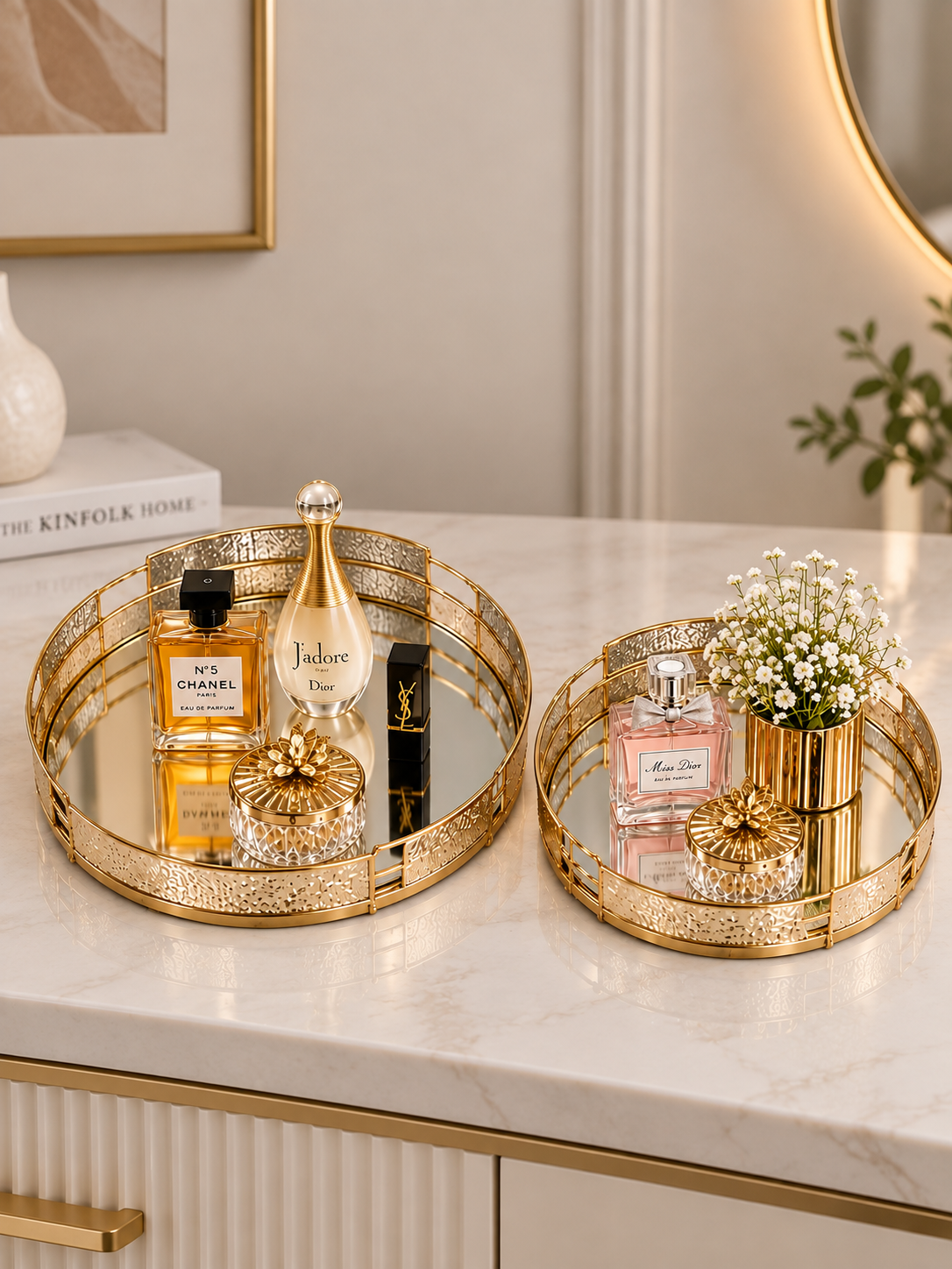 Luxury Gold Mirrored Decorative Tray Set – Premium Round Vanity & Home Décor Trays