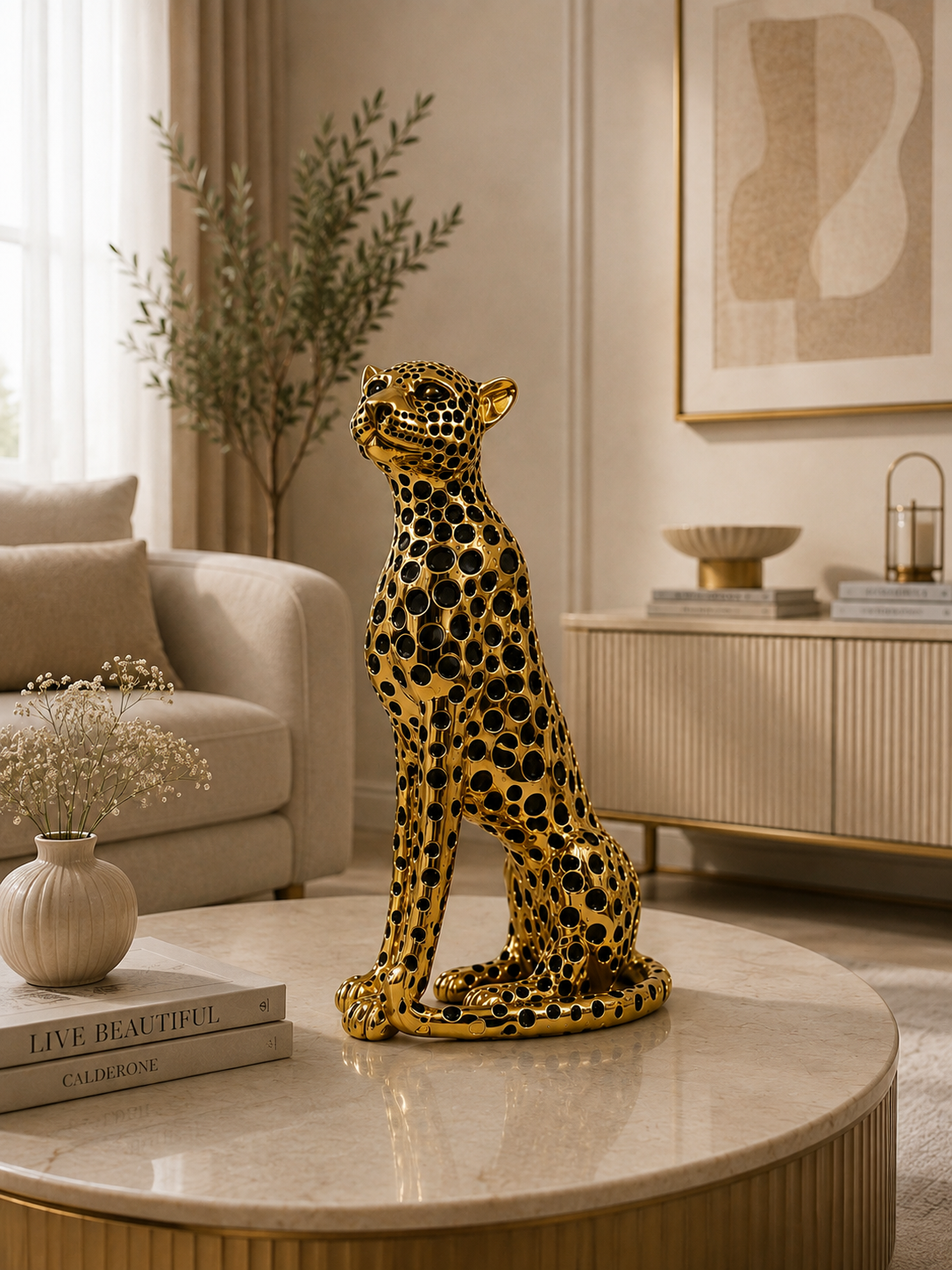 Luxury Leopard Sculpture | Modern Gold & Black Decorative Leopard Statue | Premium Home Décor Accent
