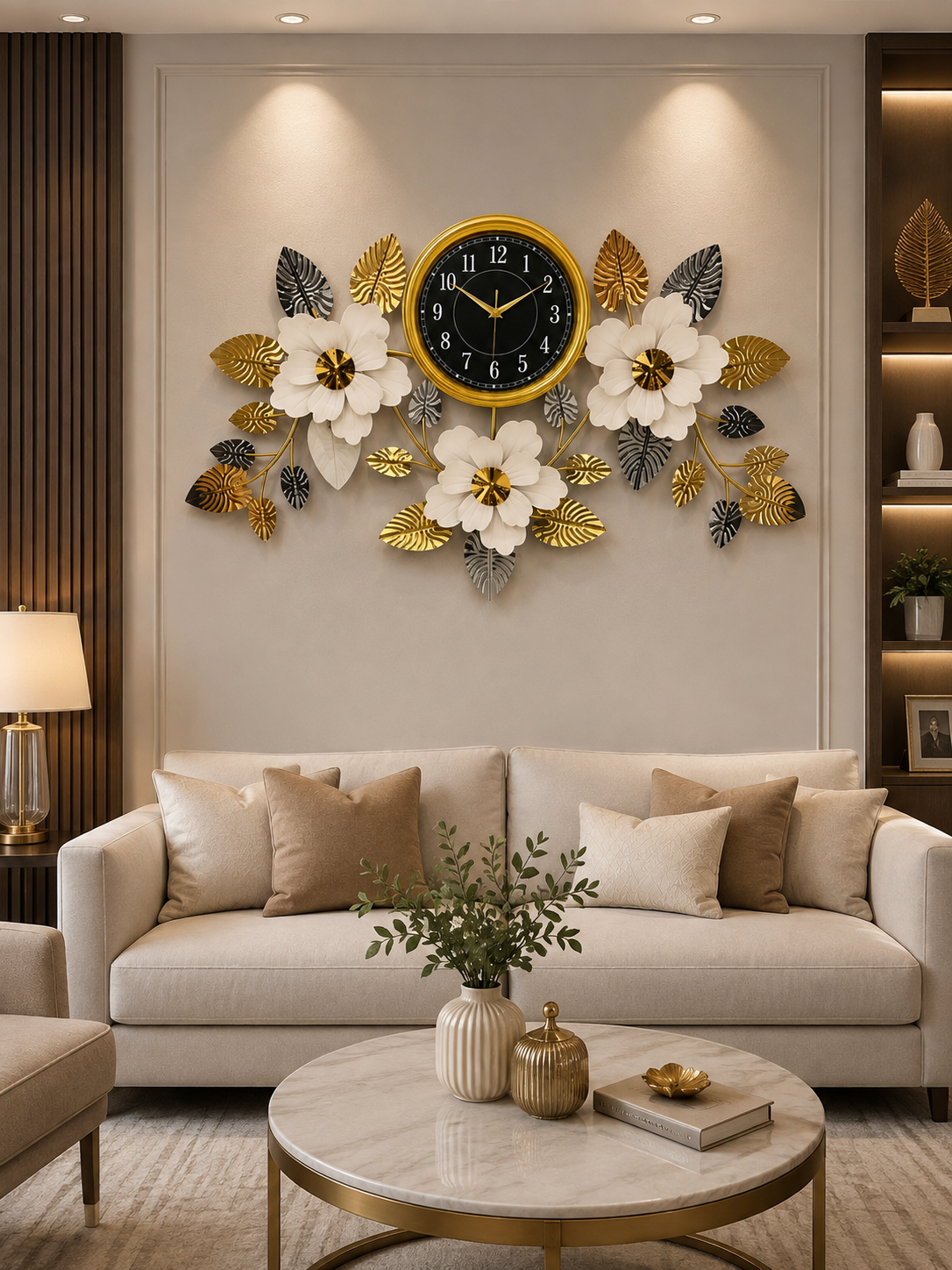 Luxury Golden Floral Wall Clock – Black Dial with White Flowers & Gold Leaf Design