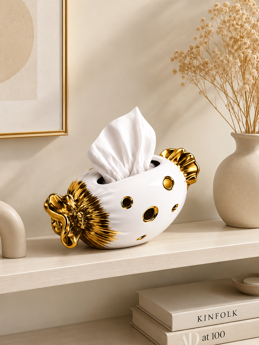 Luxury Candy-Shaped Ceramic Tissue Holder – White & Gold Decorative Tissue Box Cover for Home Décor