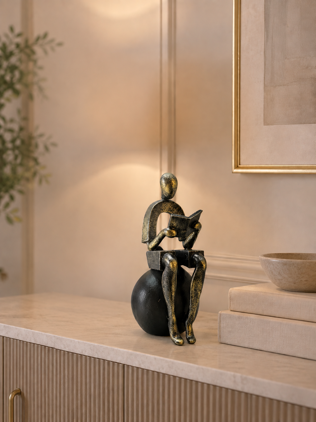 Abstract Reading Man Sculpture | Modern Decorative Figurine | Black & Antique Gold