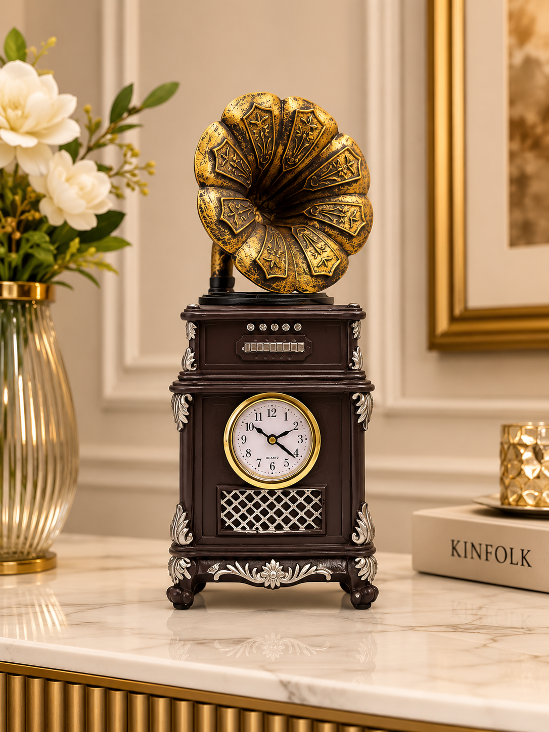 Vintage Gramophone Table Clock – Antique Retro Desktop Clock for Home & Office Décor