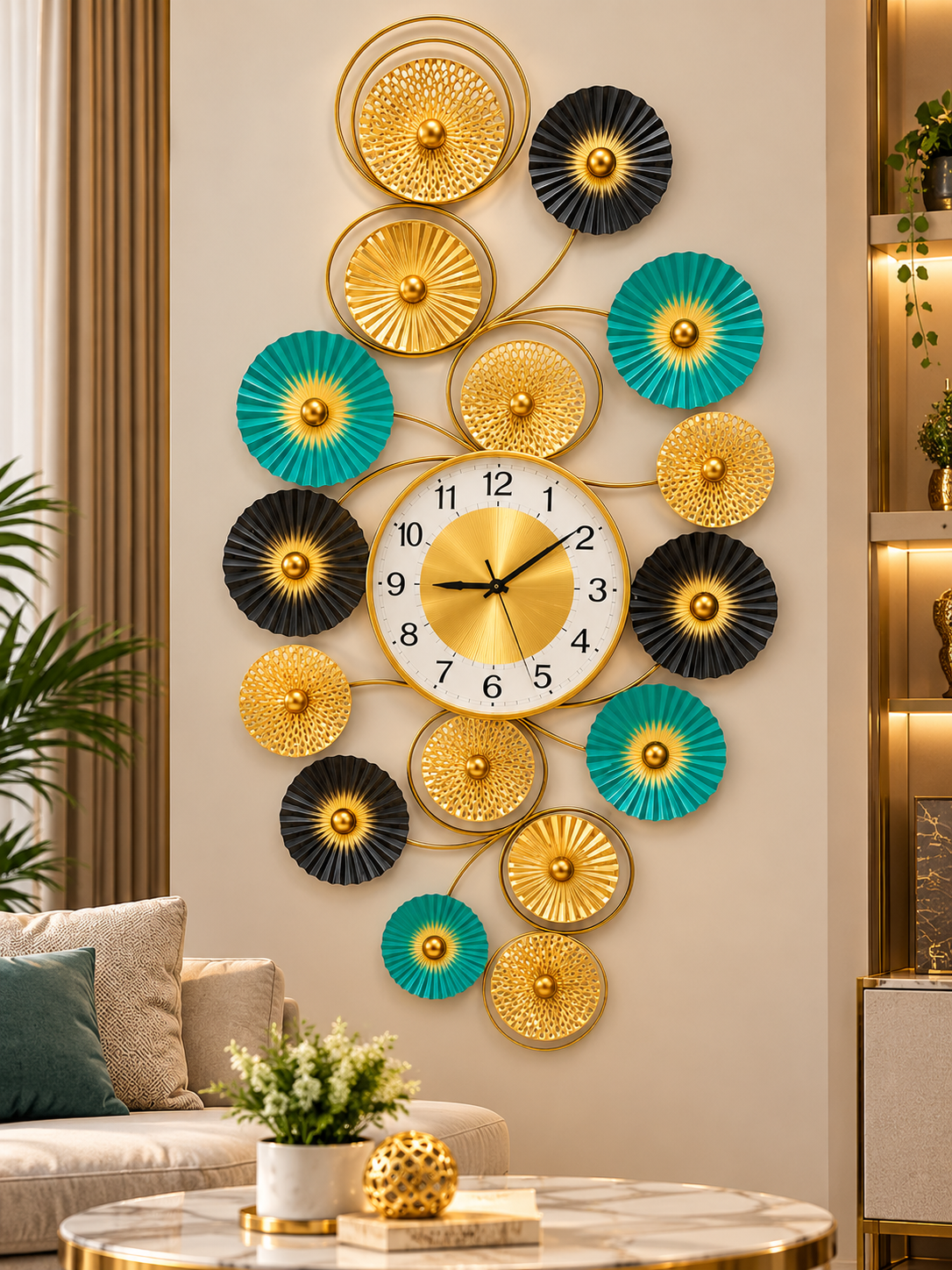Luxury Modern Gold, Black & Teal Decorative Wall Clock – Contemporary Floral Metal Wall Art Clock