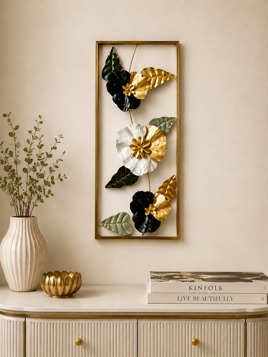 Luxury Black, Gold & White Floral Metal Wall Art – Modern Decorative Wall Panel