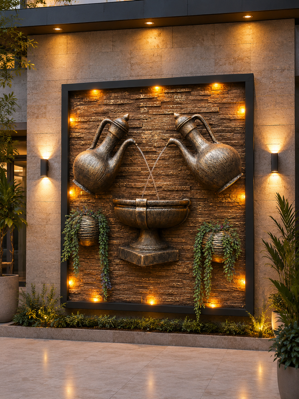 Luxury Outdoor Fibreglass Wall Fountain with LED Lights | Modern Garden Water Feature | Custom Size Available