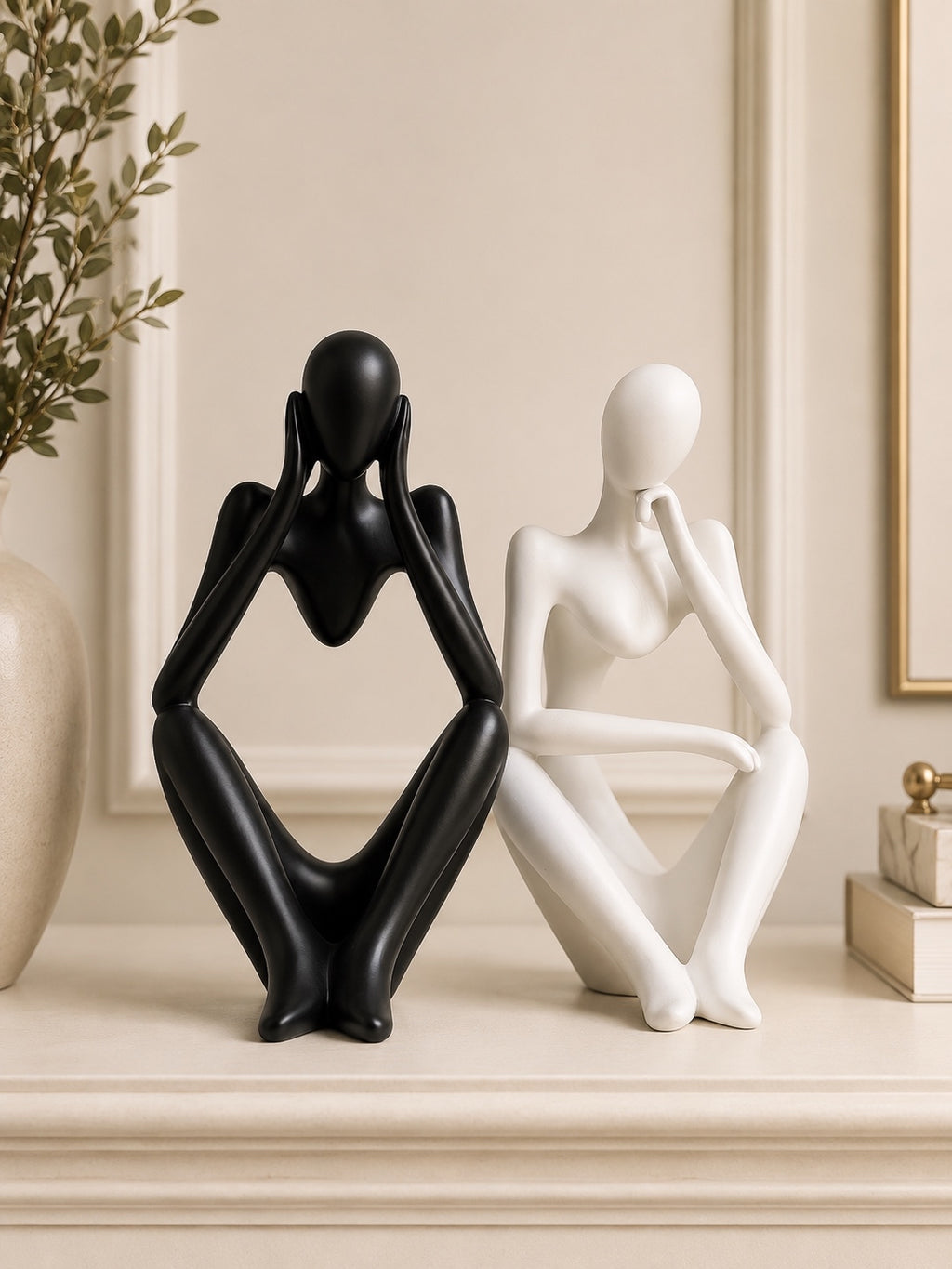 Abstract Thinker Couple Sculpture Set | Modern Black & White Resin Home Decor Figurines
