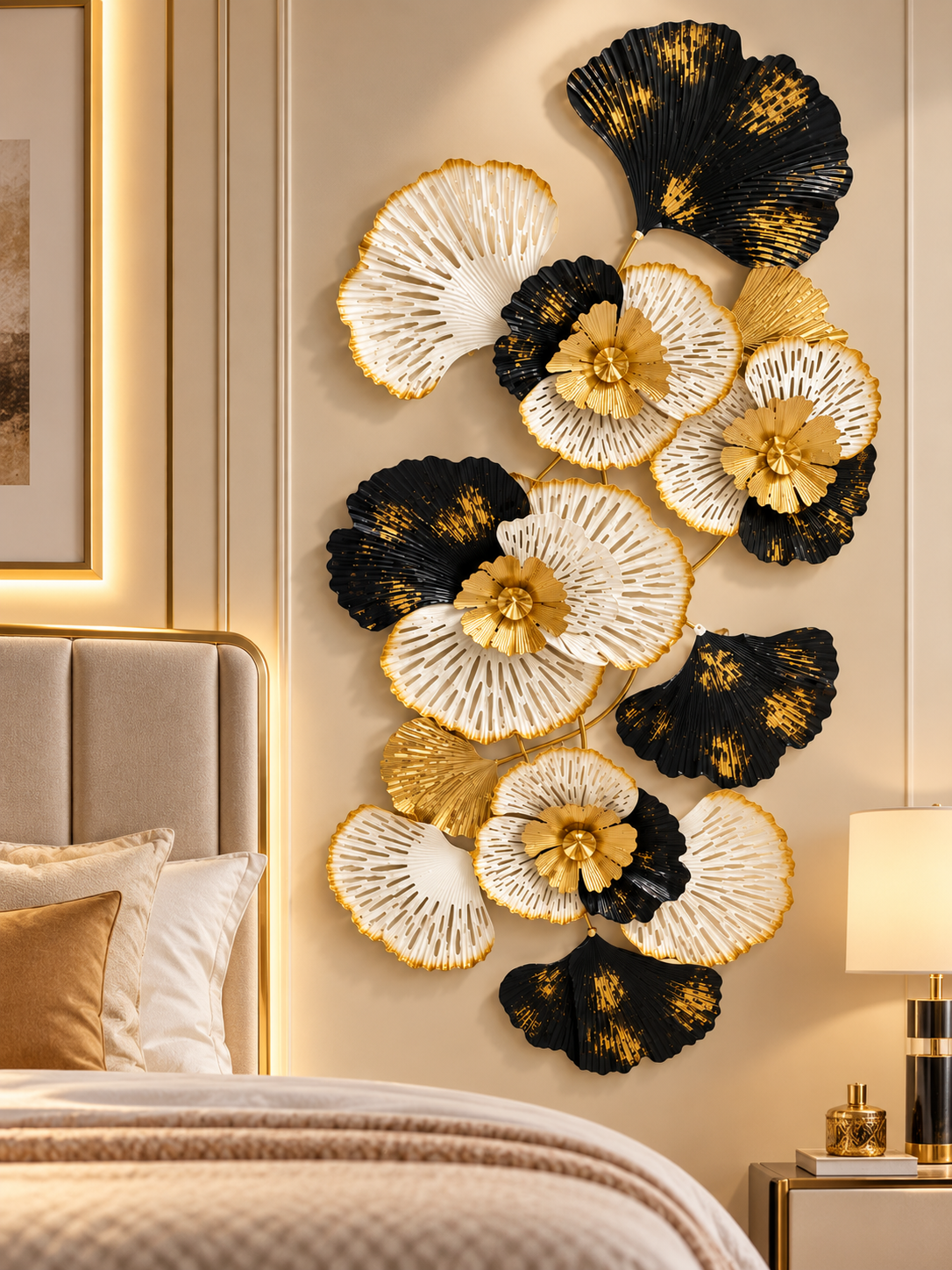 Luxury Black, White & Gold Floral Metal Wall Art – 3D Decorative Flower Wall Décor