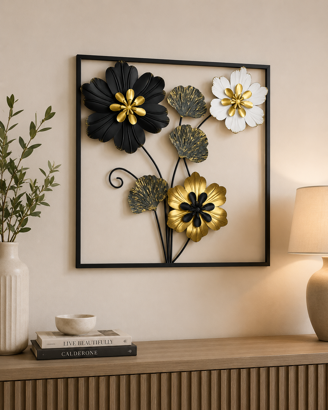 Luxury 3D Metal Floral Wall Art – Black, White & Gold Flower Wall Decor Frame | Modern Home Decoration