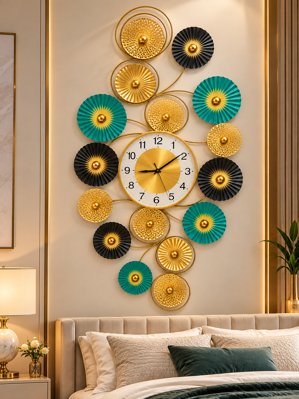 Luxury Modern Gold, Black & Teal Decorative Wall Clock – Contemporary Floral Metal Wall Art Clock