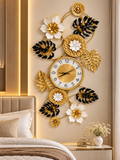 Luxury Gold & Black Floral Leaf Wall Clock – Modern Decorative Metal Wall Art