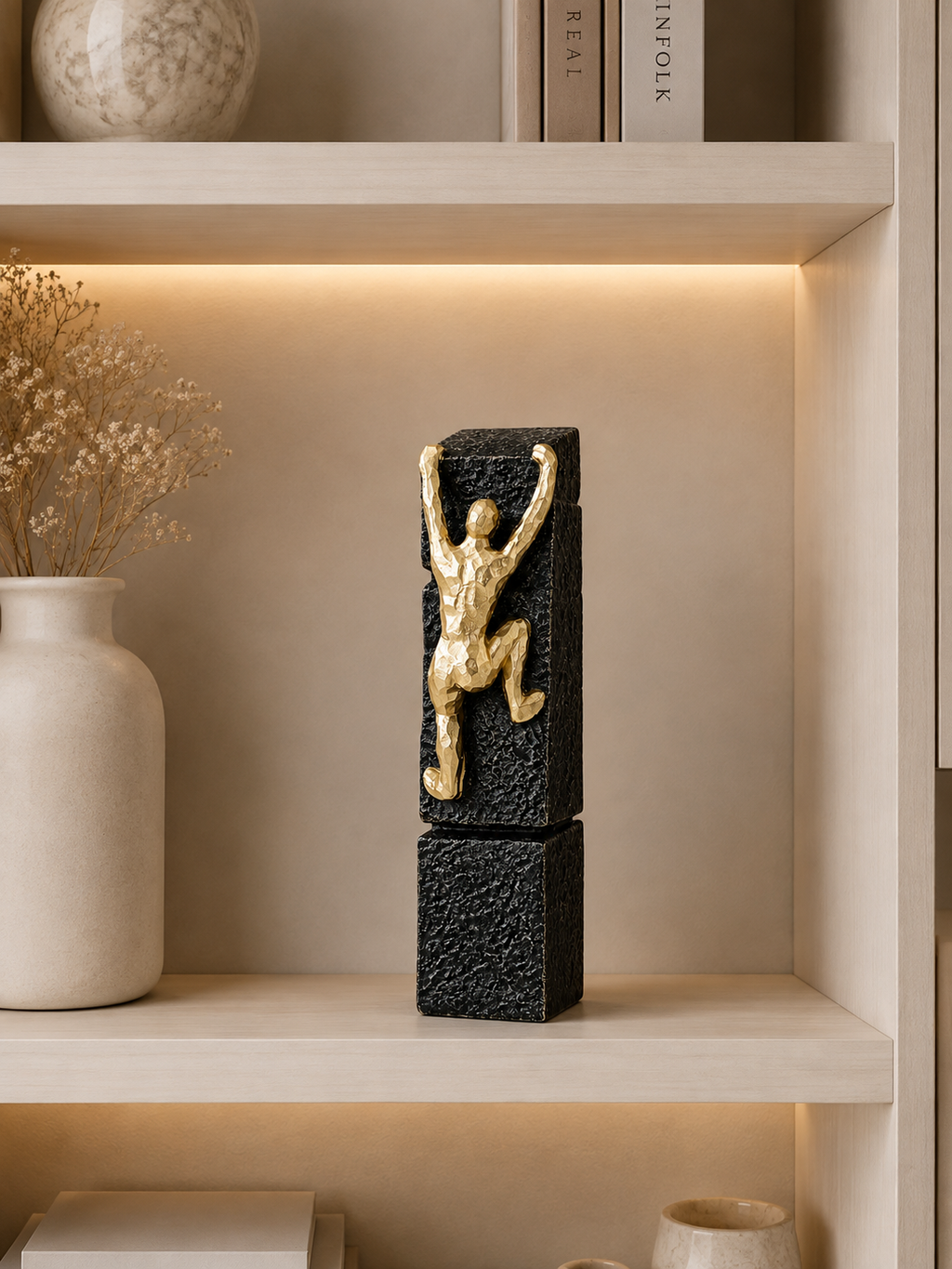 Luxury Golden Climbing Man Sculpture on Black Textured Base – Modern Decorative Showpiece