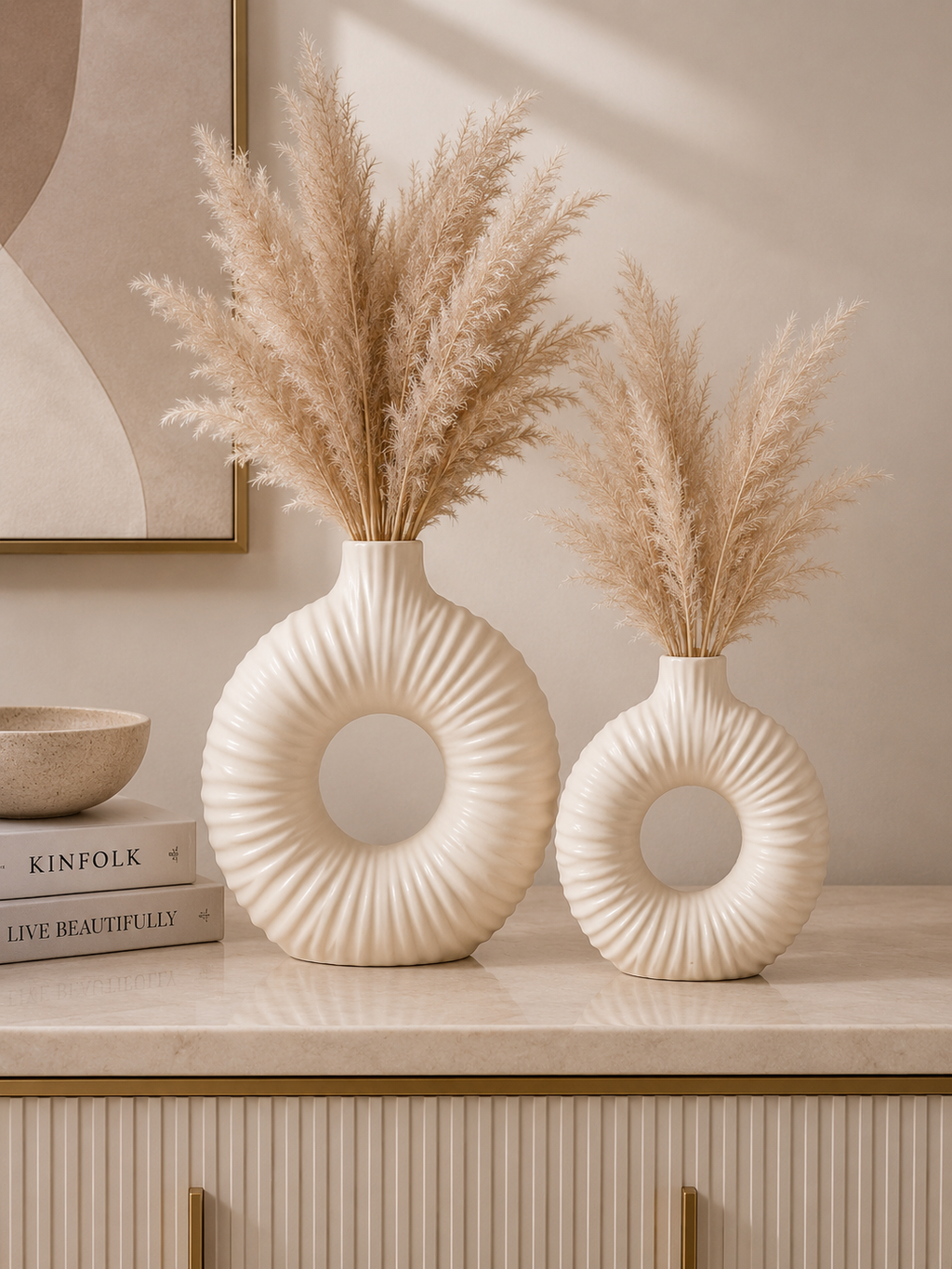 Luxury 2-Piece Donut Ceramic Vase Set | Modern Decorative Hollow Flower Vases | Home Décor