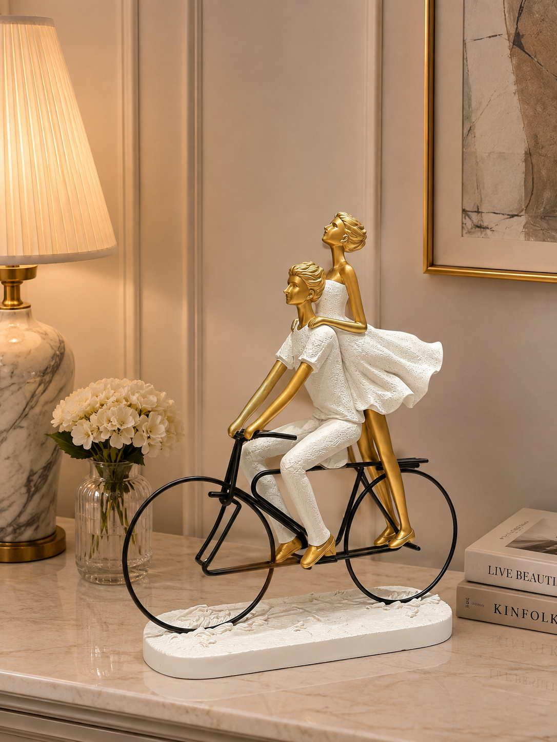 Elegant Couple Riding Bicycle Decorative Sculpture – Modern Gold & White Couple Figurine for Home Décor