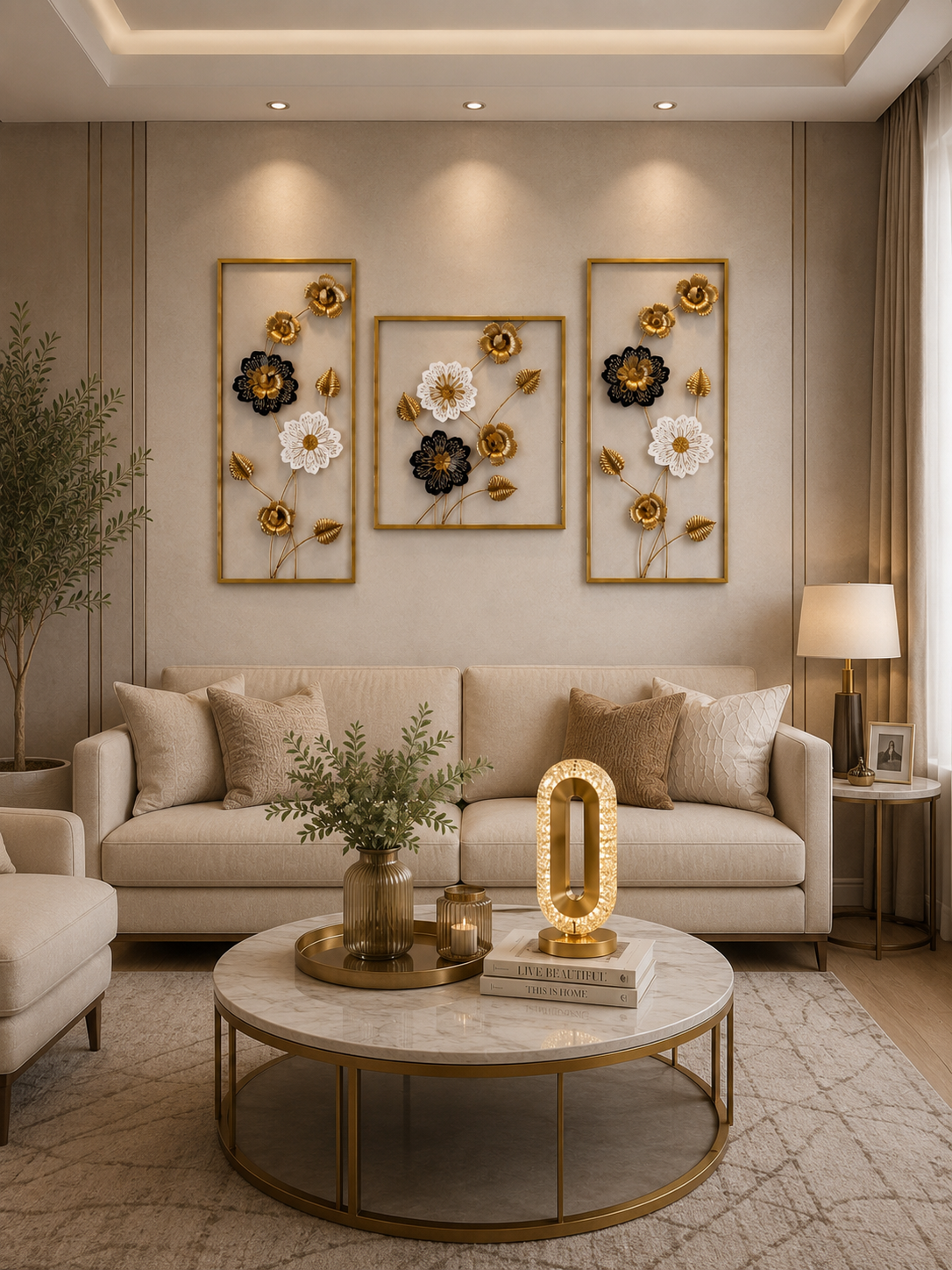 Luxury 3-Piece Metal Floral Wall Art Set | Modern Gold, Black & White Decorative Wall Hanging for Living Room & Bedroom