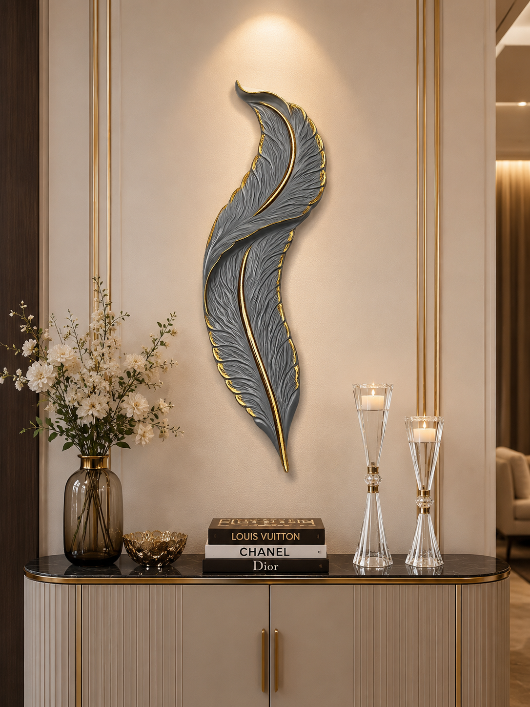 Luxury Feather Wall Décor | Grey & Gold Decorative Wall Art | Modern Resin Wall Hanging