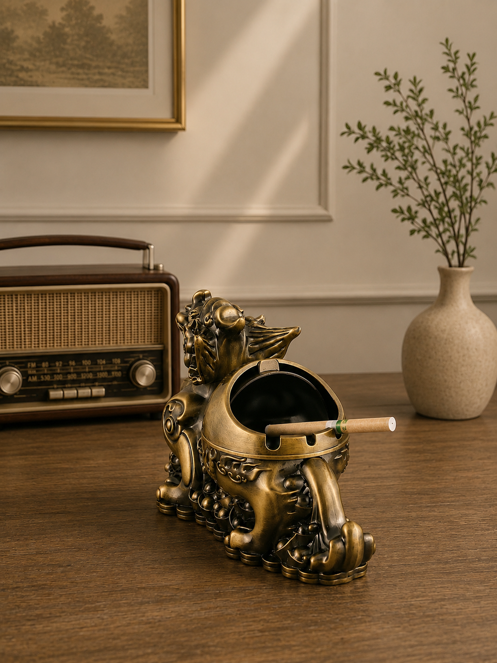 Luxury Chinese Guardian Lion (Pixiu/Foo Dog) Metal Ashtray with Lid | Windproof Decorative Cigarette Ashtray