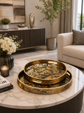 Set of 2 Round Decorative Serving Trays | Luxury Gold Leaf Design with Handles