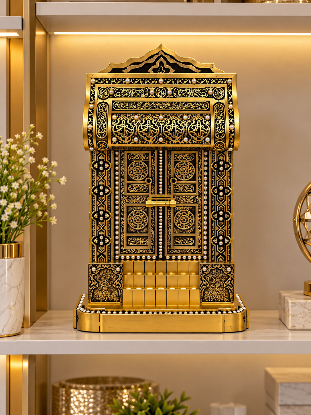 Luxury Kaaba Door Inspired Islamic Decorative Showpiece – Black & Gold with Pearl Detailing