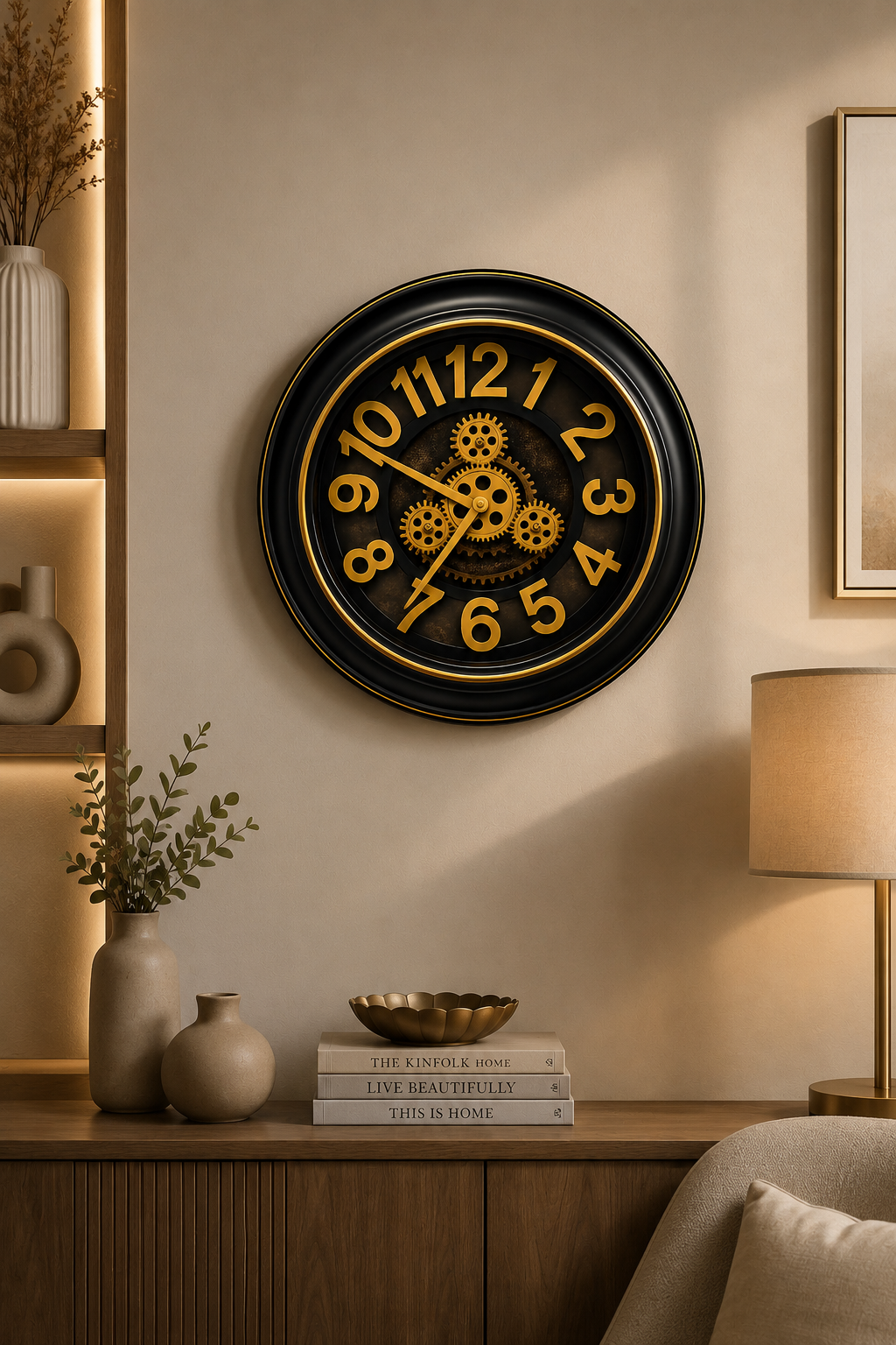 Luxury Black & Gold Moving Gear Wall Clock – Modern Silent Decorative Wall Clock for Living Room