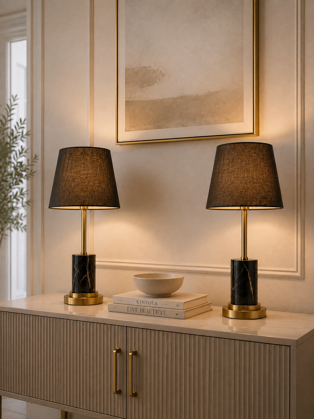 Modern Black Marble Table Lamp Pair with Fabric Shade | Luxury Bedside Lamps (Set of 2)