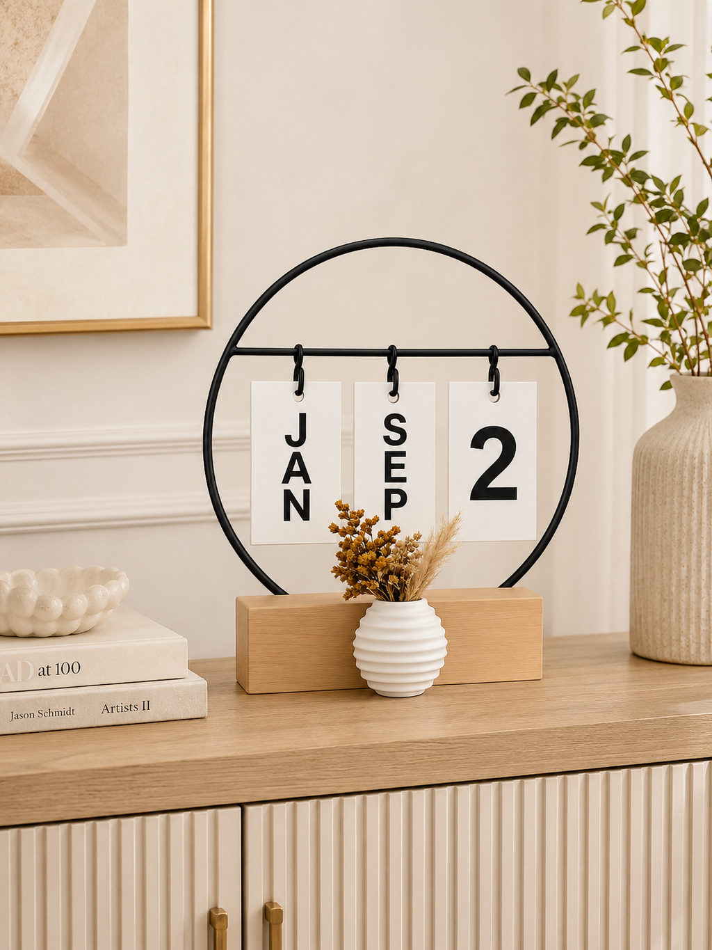 Perpetual Flip Calendar with Mini Vase | Wooden Desktop Calendar | Modern Home & Office Desk Decor