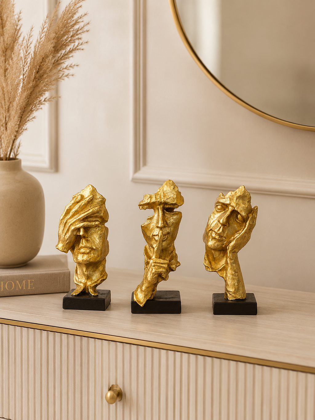Abstract Golden Face Sculpture Set of 3 | Modern Resin Decorative Statues for Home & Office