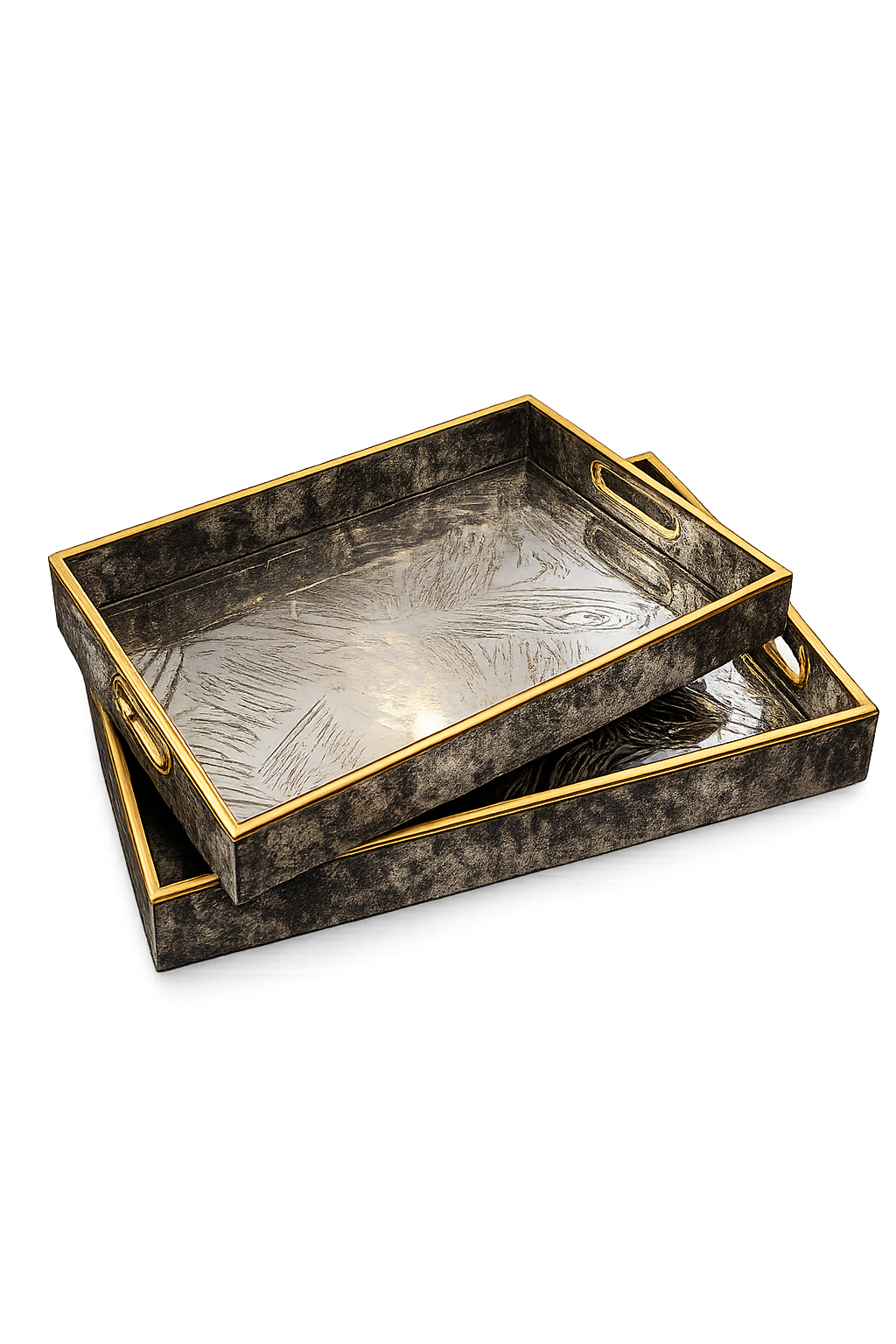 Luxury Antique Gold Decorative Serving Tray Set with Textured Design (2 Pieces)