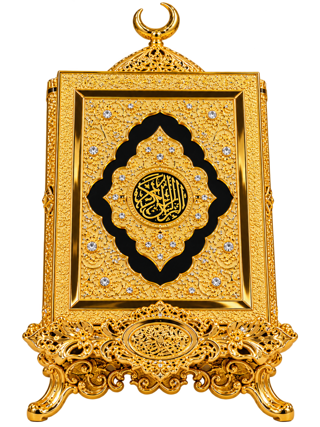 Luxury Golden Quran Decorative Stand with Crescent Moon – Islamic Home Décor