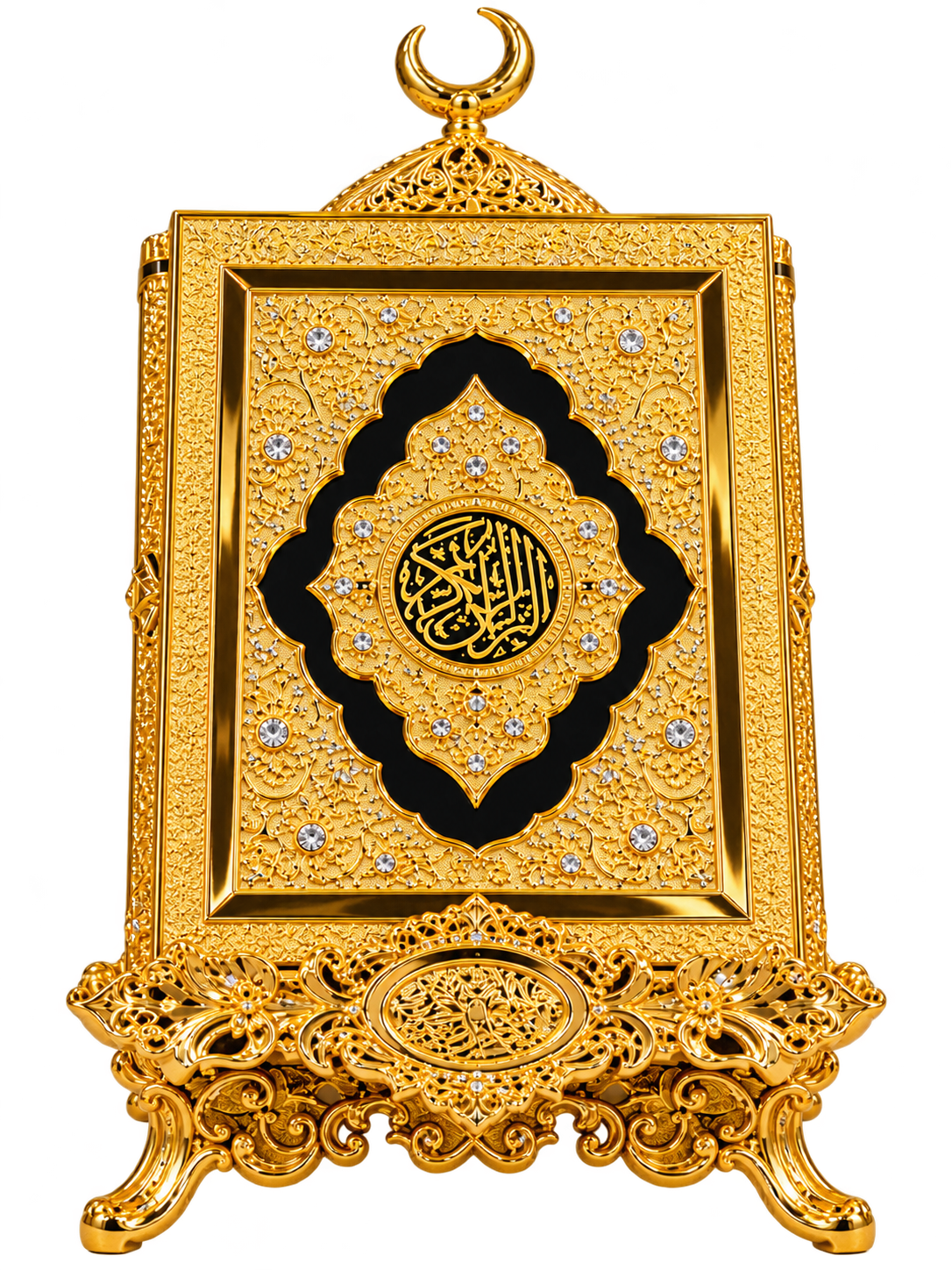 Luxury Golden Quran Decorative Stand with Crescent Moon – Islamic Home Décor