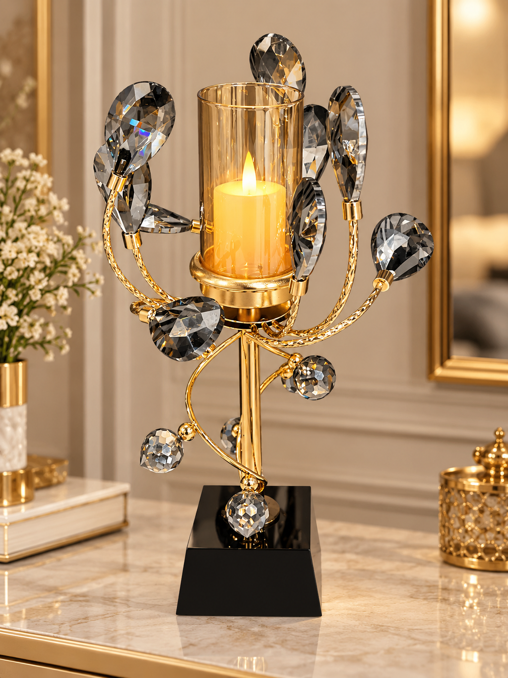 Luxury Gold & Black Crystal Candle Holder with Artistic Leaf Design