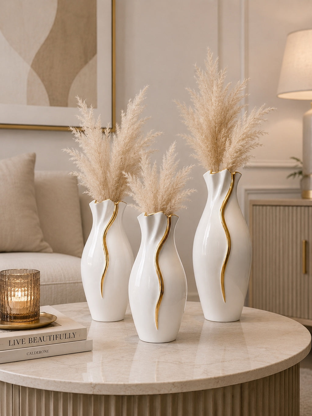 Luxury White Golden Resin Vase Set of 3 | Modern Decorative Flower Vases with Gold Accent | Home Décor