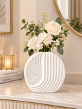 Modern White Sculptural Ceramic Vase – Ribbed Fan Design Decorative Vase