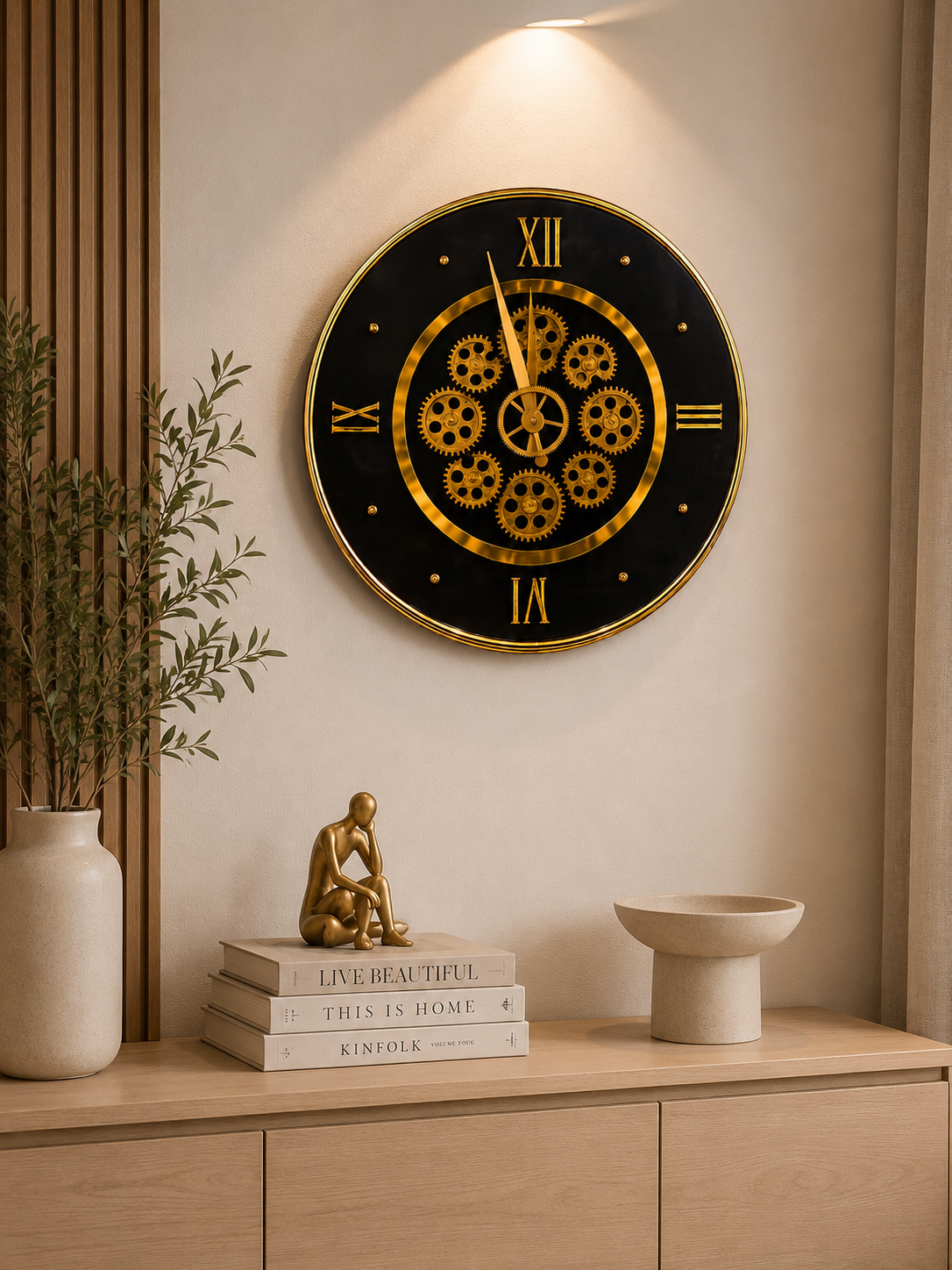 Luxury Black & Gold Moving Gear Wall Clock – Modern Roman Numeral Silent Decorative Wall Clock