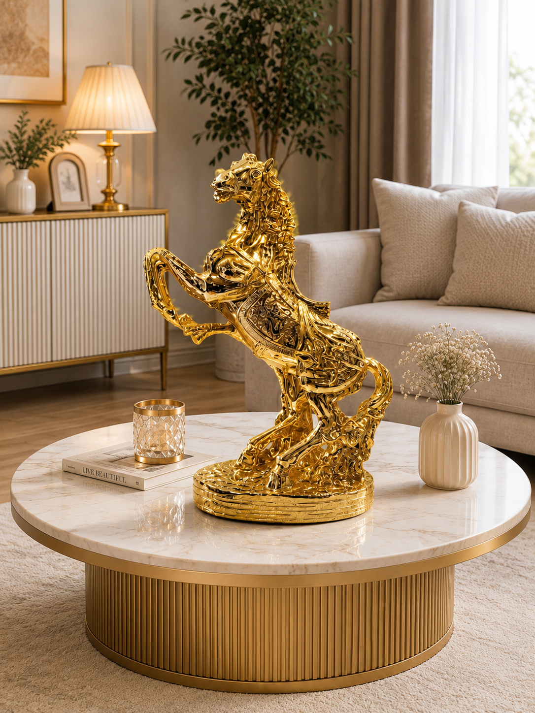 Luxury Golden Rearing Horse Sculpture | Modern Resin Horse Statue for Home & Office Décor
