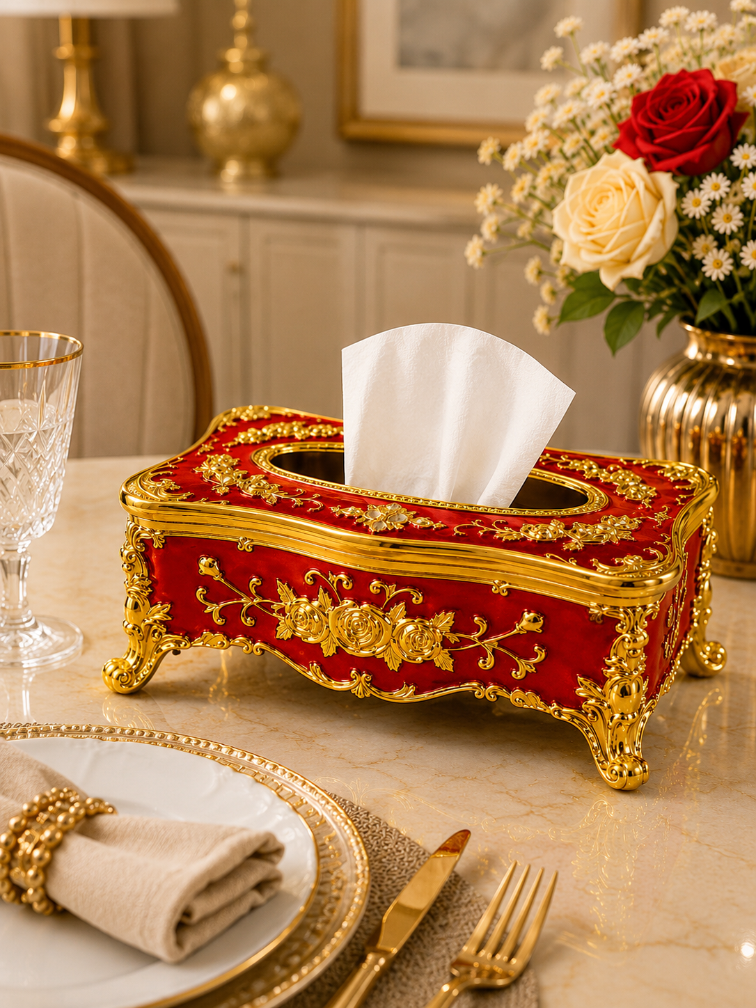 Luxury Vintage Metal Tissue Box Holder | European Floral Decorative Tissue Case.