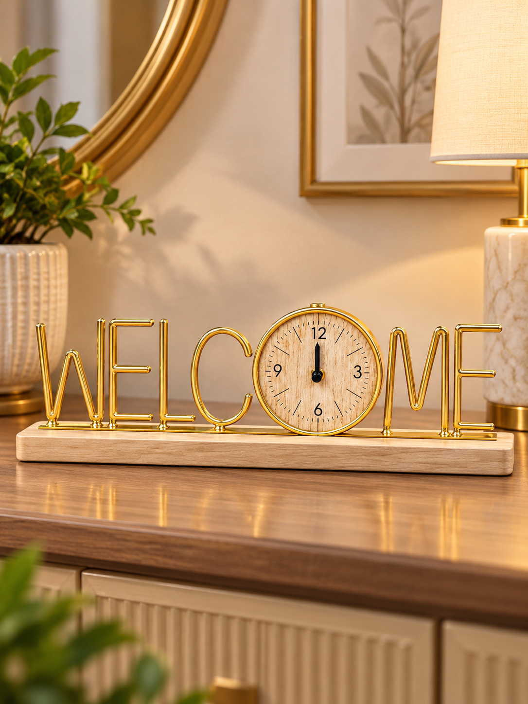 Gold Welcome Table Clock – Elegant Decorative Word Clock with Wooden Base for Home & Office