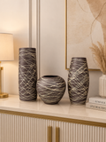 Set of 3 Modern Decorative Ceramic Vases | Brown & Gold Abstract Design
