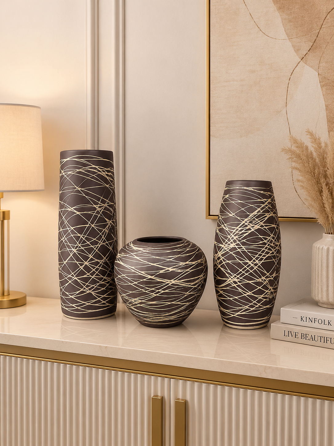 Set of 3 Modern Decorative Ceramic Vases | Brown & Gold Abstract Design