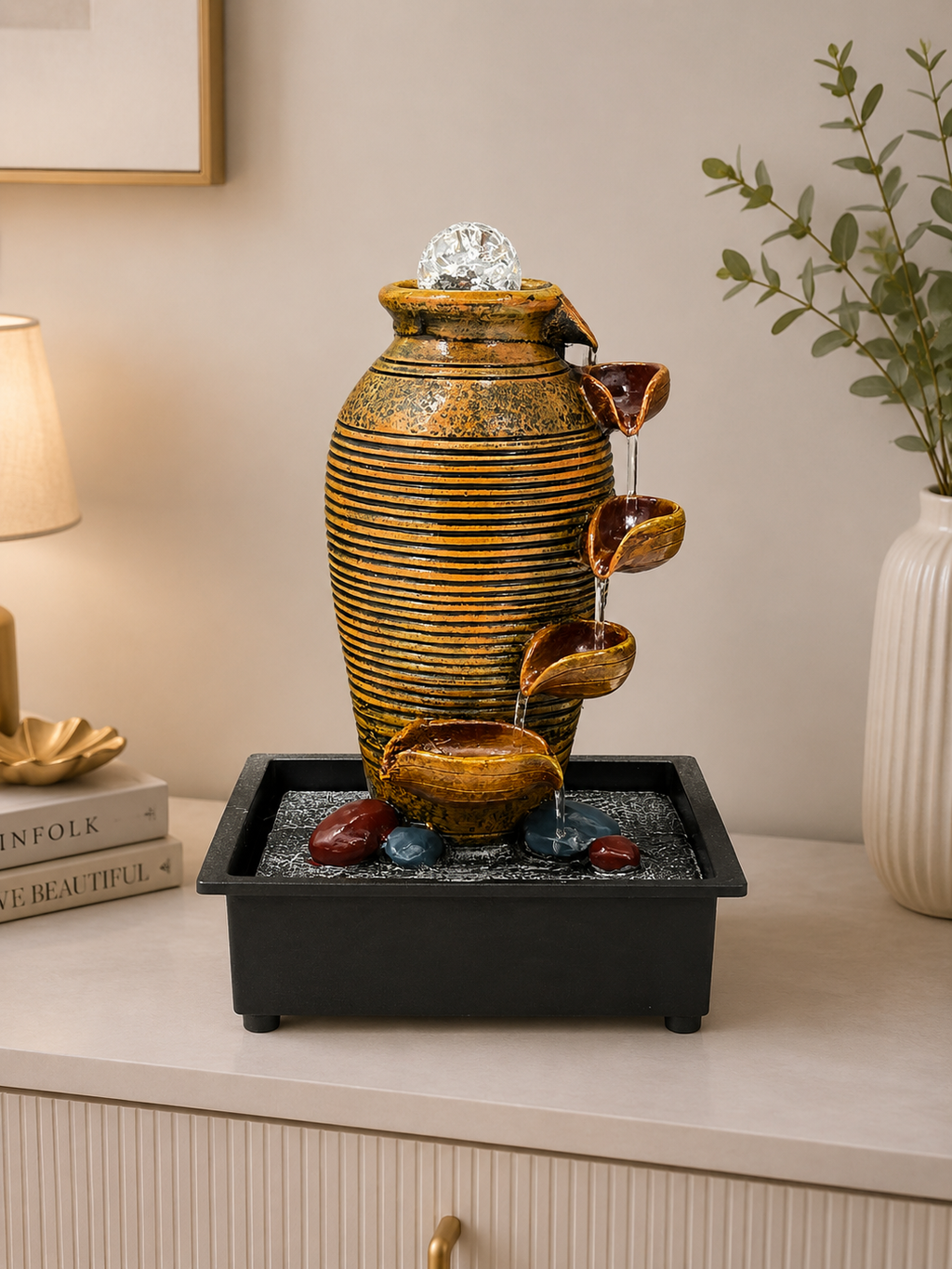 uxury Golden Decorative Water Fountain with Cascading Bowls & Crystal Ball