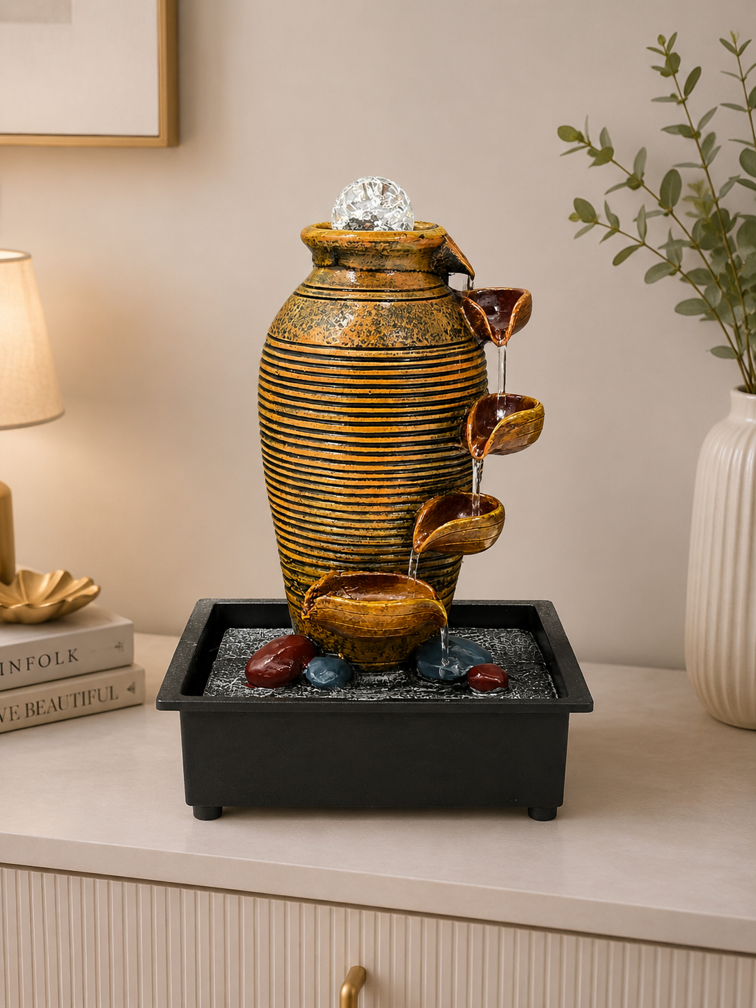 uxury Golden Decorative Water Fountain with Cascading Bowls & Crystal Ball