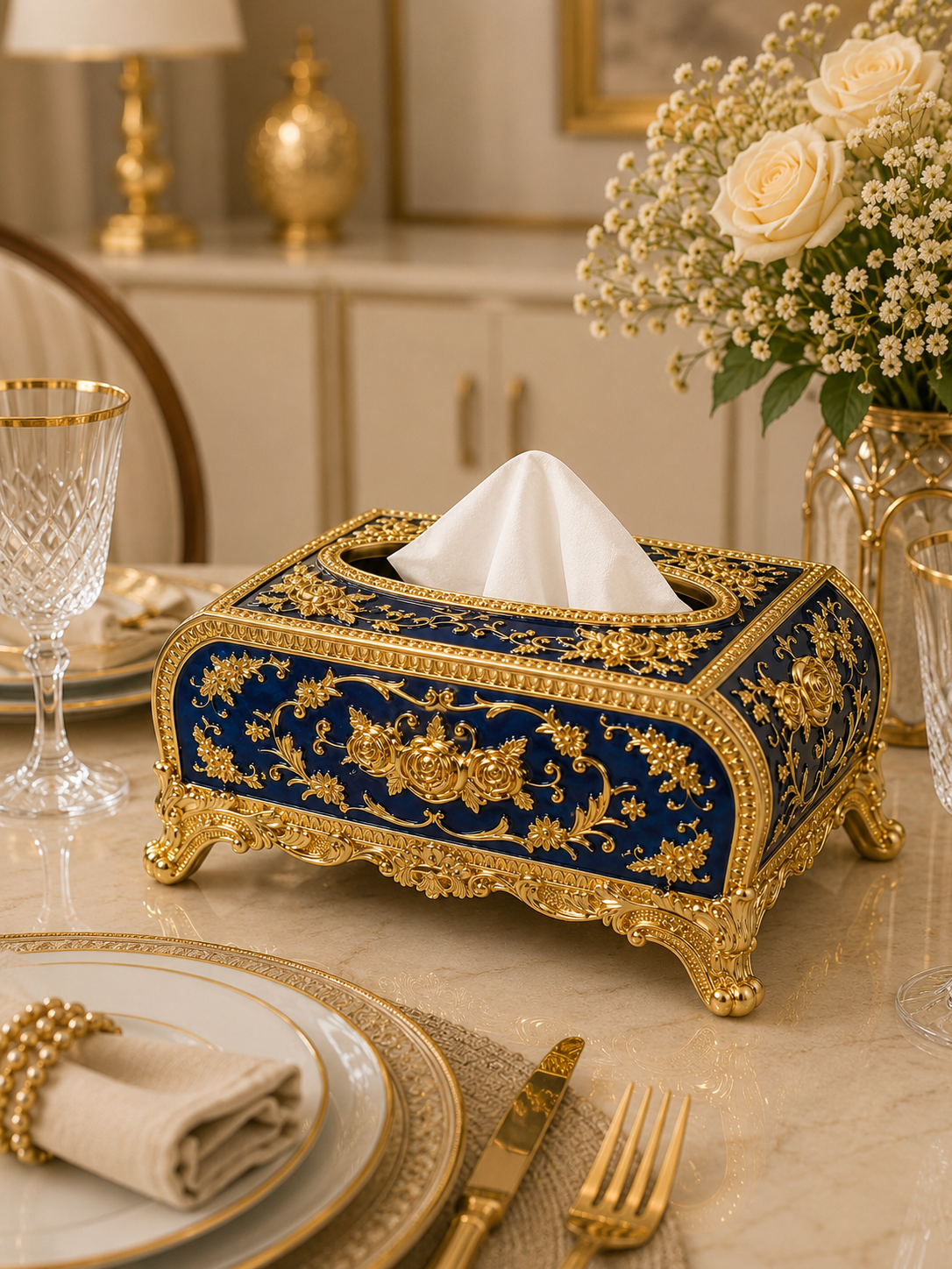 Luxury Vintage Metal Tissue Box Holder | European Floral Decorative Tissue Case