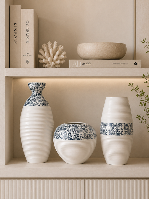 3-Piece White Floral Ceramic Vase Set | Modern Decorative Flower Vases for Living Room.